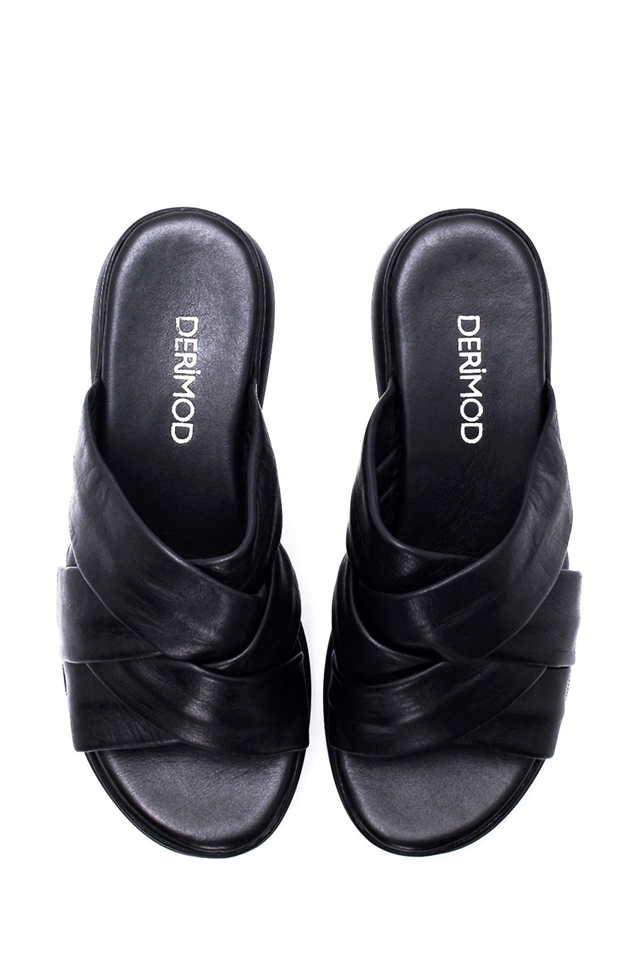 Women's Black Leather Casual Flat Slippers