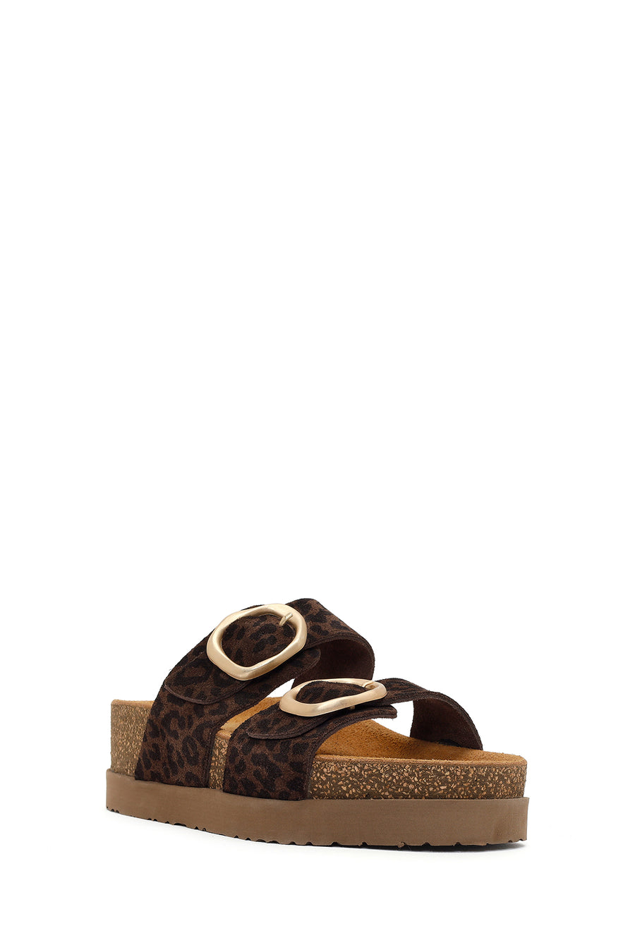 Women's Brown Double Buckle Leopard Print Chunky Sole Suede Leather Slippers