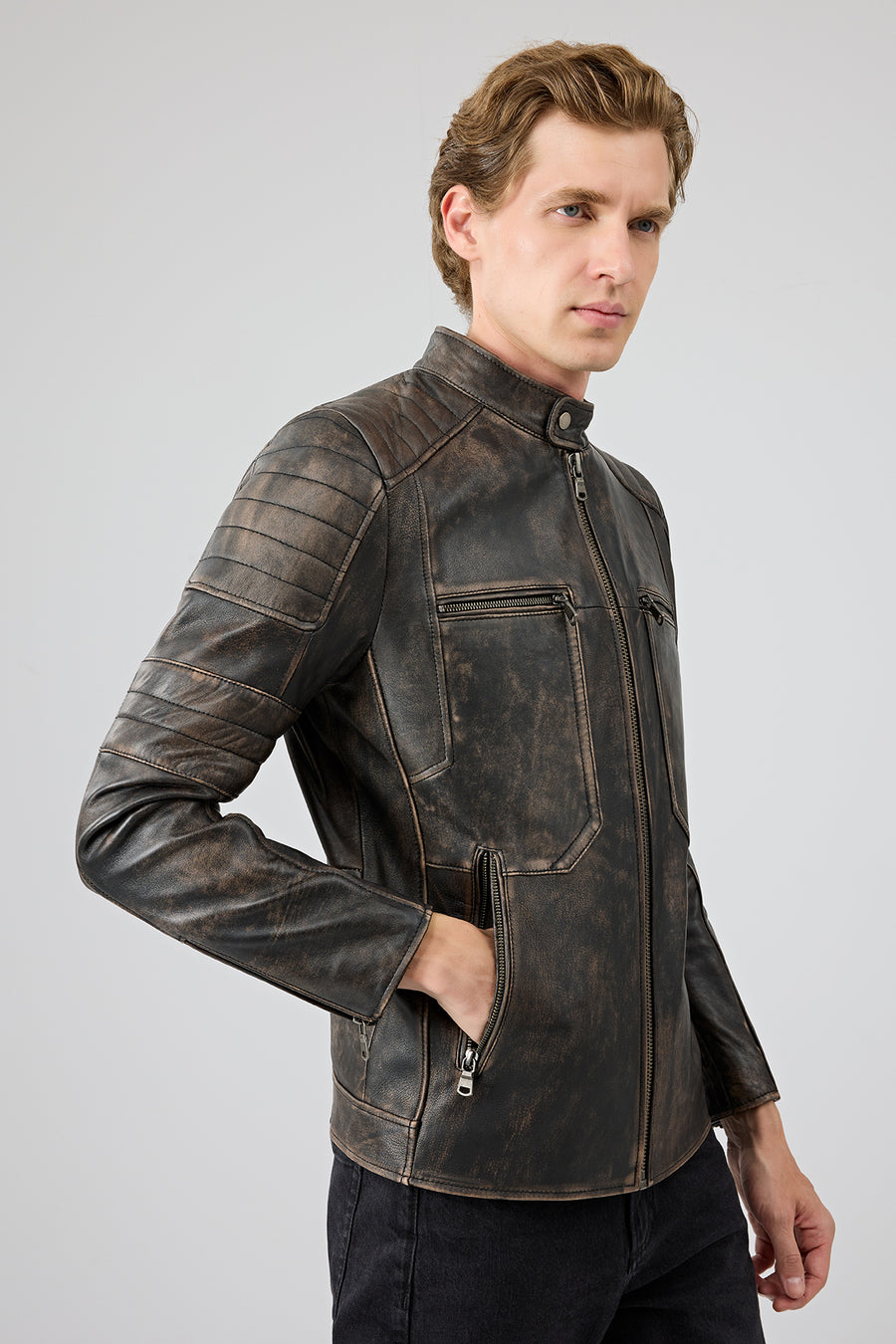 Morant Men's Brown Vintage Slim-Fit Leather Jacket