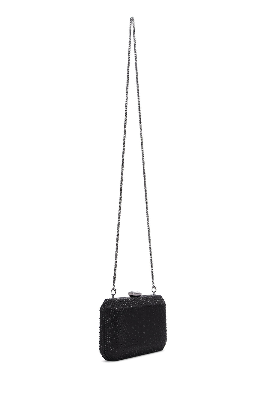 Women's Black Long Chain Strap Stone Evening Mini Clutch Bag