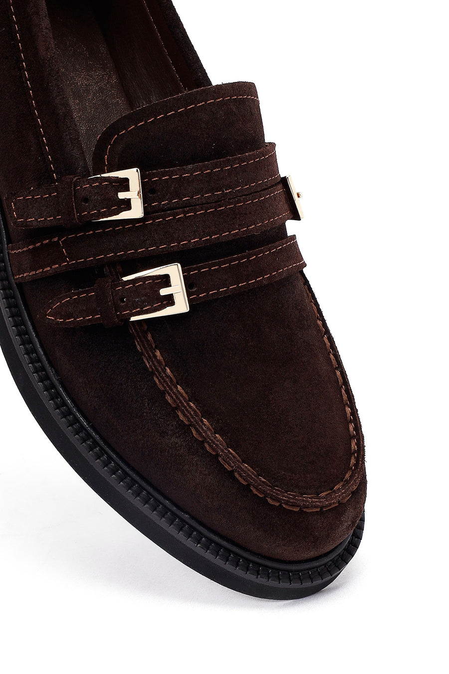 Woman Brown Buckled Suede Masculine Loafer