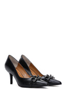 Women's Black Leather Stone Heeled Shoes | Derimod
