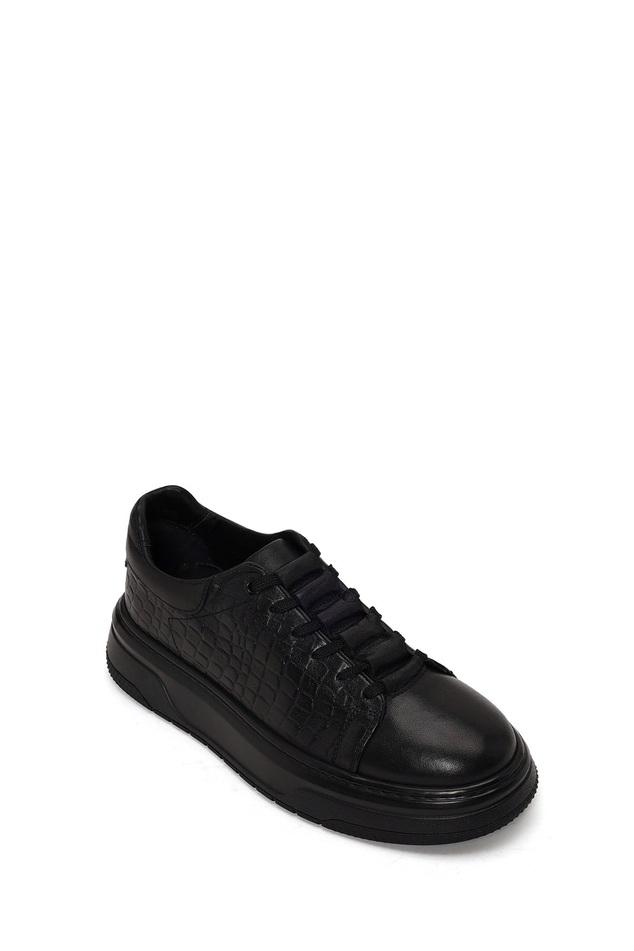 Male Black Lace-up Thick-soled Croc-patterned Leather Sneaker