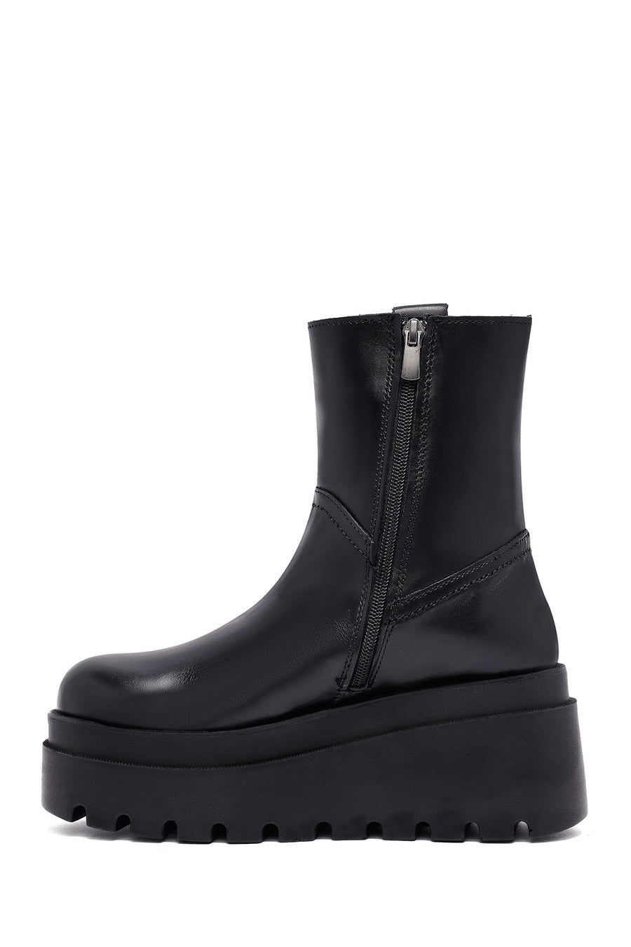 Woman Black Zip Closure Thick-Soled Leather Boots
