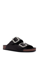 Women's Black Stoned Leather Slippers | Derimod
