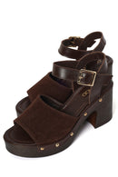 Woman Brown Ankle-Buckle Thick-Heel Suede Leather Sandals | Derimod