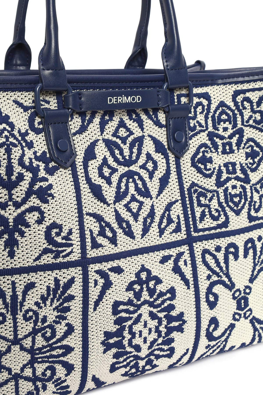 Woman Navy Patterned Fabric Long-Strap Shoulder Bag