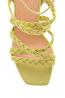 Women's Yellow Leather Braided Thick Heeled Sandals | Derimod