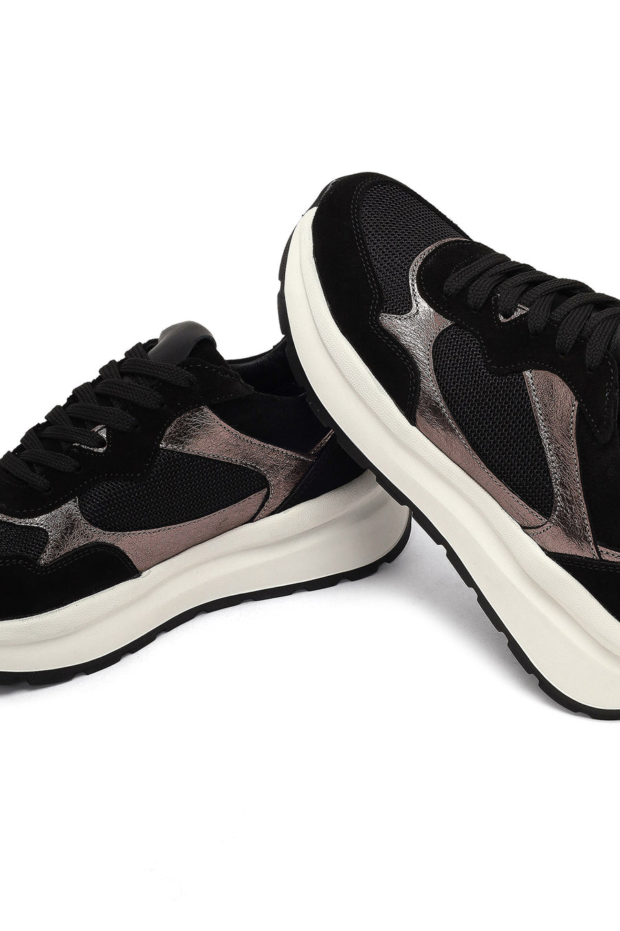 Women's Black Lace-Up Thick-Soled Leather Sneaker