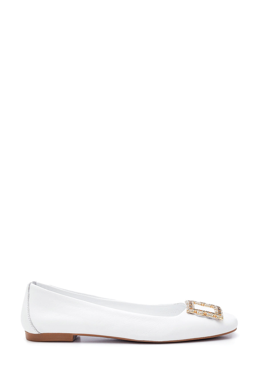 Women's White Leather Ballerinas with Stone Buckle 22SFD271918 | Derimod