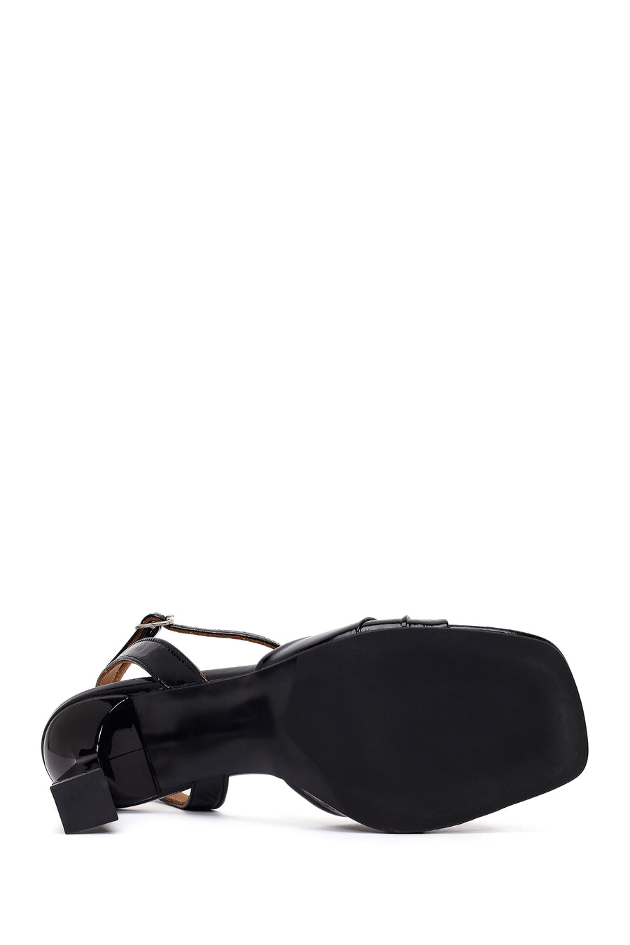 Woman Black Ankle-Strap Buckle Thick-Heel Leather Sandal