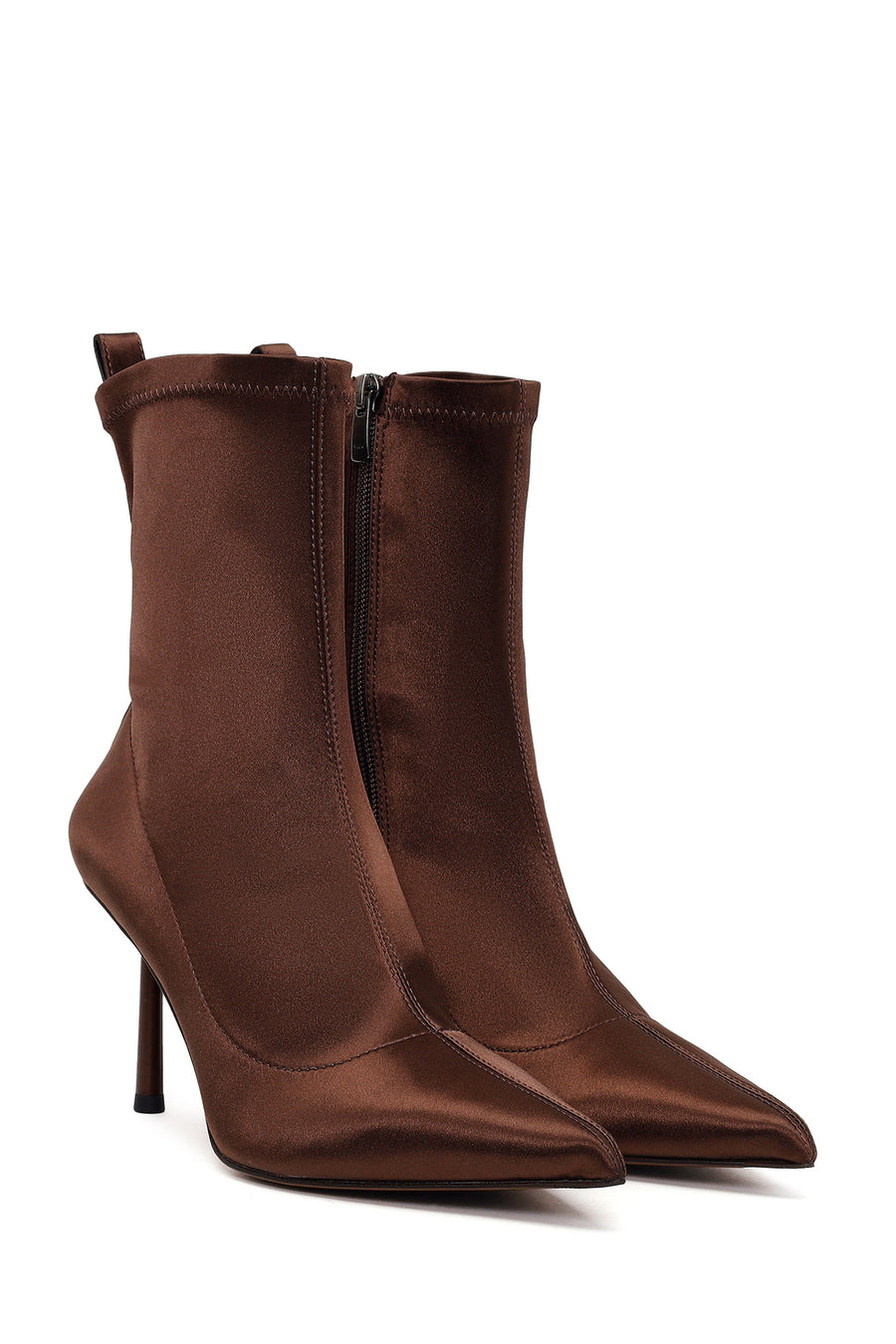 Woman Brown Zip Closure Thin-heeled Stretch Boots