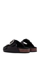 Women's Black Stoned Leather Slippers | Derimod