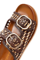Women's Brown Double Buckled Straw Leather Slippers | Derimod