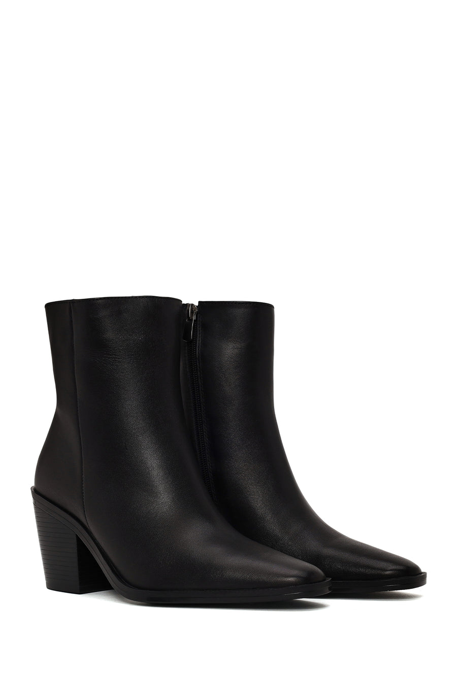 Woman Black Zip Closure Thick-Heeled Leather Boots