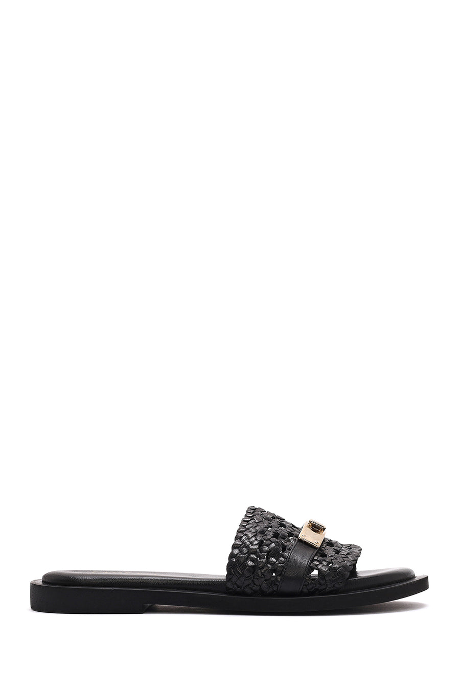 Women's Black Knit Leather Slippers 25SFD200629 | Derimod