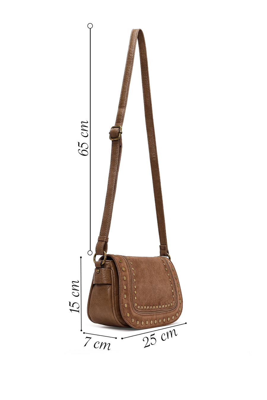 Woman Tan Long-Strap Studded Suede Crossbody Bag