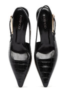 Women's Black Crocodile Patterned Open Back Thin Heeled Leather Shoes | Derimod