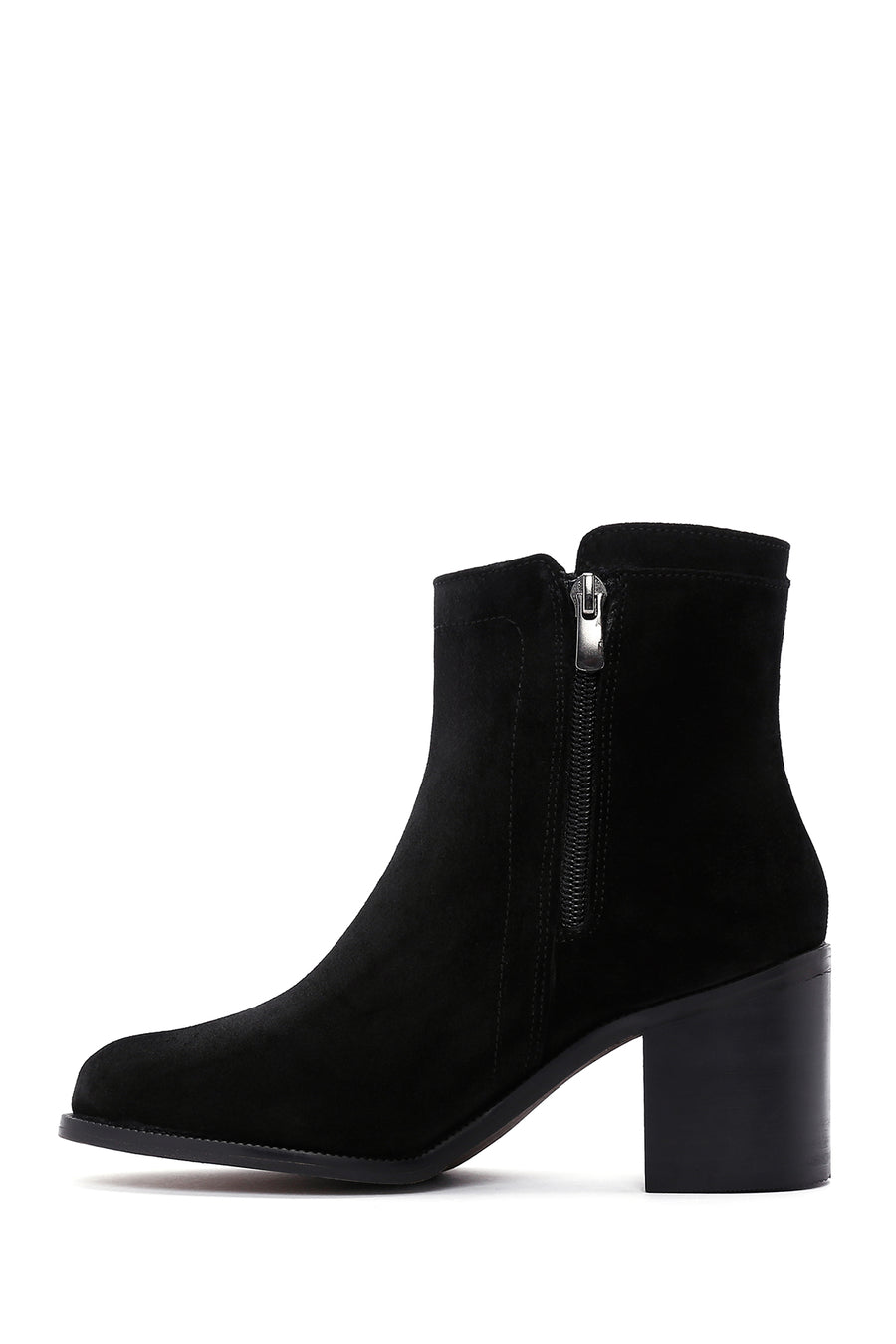 Women's Black Zippered Thick Heel Suede Leather Boots
