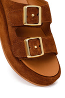 Woman Tan Double-Buckle Thick-Soled Suede Slipper | Derimod