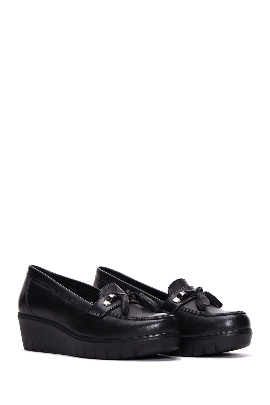 Women's Black Leather Wedge Heeled Loafer