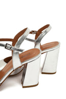 Women's Silver Ankle Buckle Chunky Heel Metallic Leather Sandals | Derimod