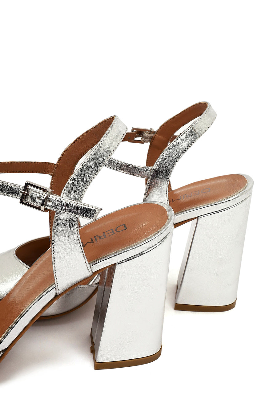 Women's Silver Ankle Buckle Chunky Heel Metallic Leather Sandals
