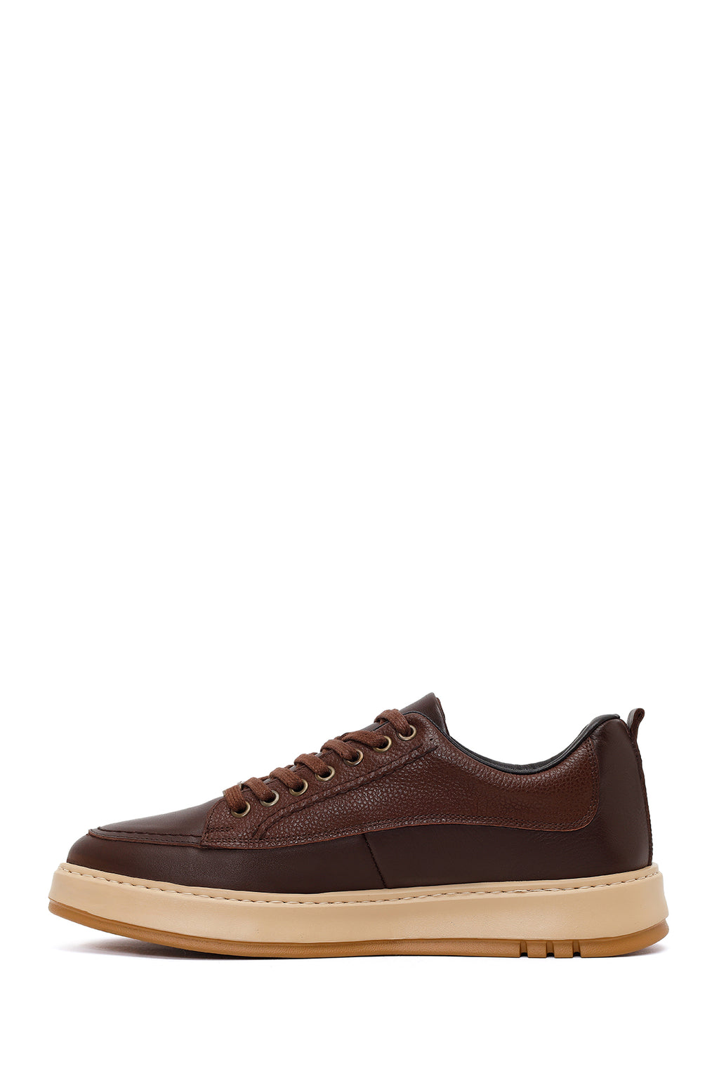 Erkek Kahverengi Bağcıklı Kalın Tabanlı Deri Sneaker