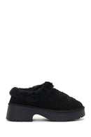Woman Black Thick-soled Embellished Suede Leather Teddy Slipper | Derimod