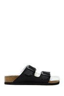 Women's Black Double Buckled Leather Slippers | Derimod