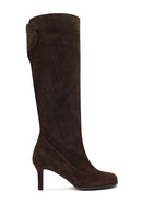 Women's Brown Thin Heeled Suede Leather Boot | Derimod