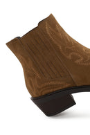 Woman Tan Short Thick-Heeled Embroidered Suede Cowboy Boots | Derimod