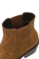Woman Tan Short Thick-Heeled Embroidered Suede Cowboy Boots | Derimod