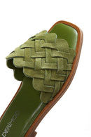 Women's Green Leather Braided Slippers | Derimod