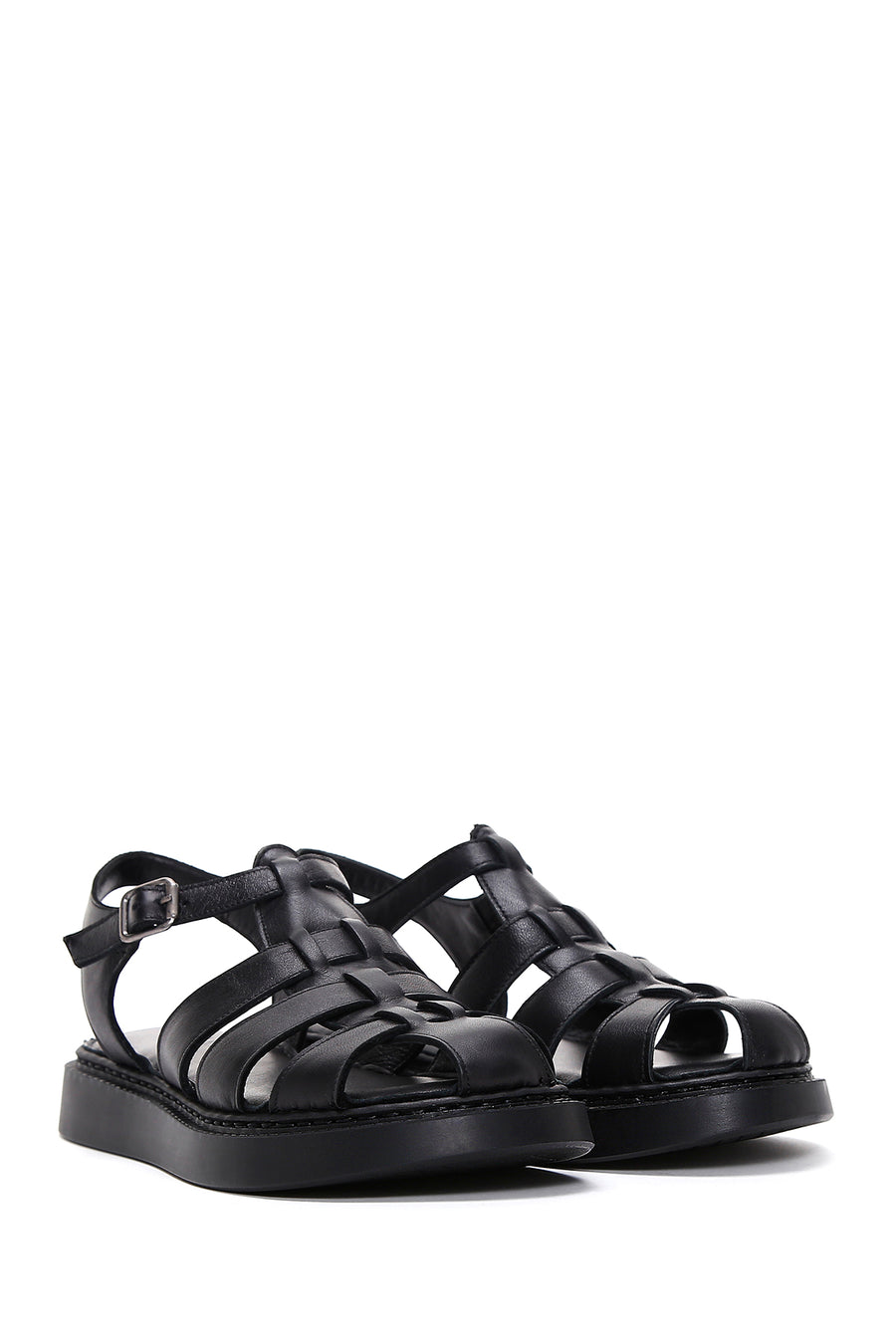 Women's Black Ankle Strap Leather Comfort Sandals