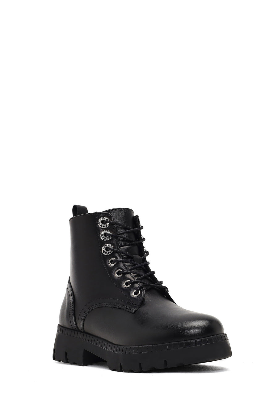 Woman Black Zip Closure Thick-Soled Leather Combat Boots