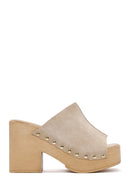 Women's Beige High Thick Heel Suede Leather Slippers | Derimod