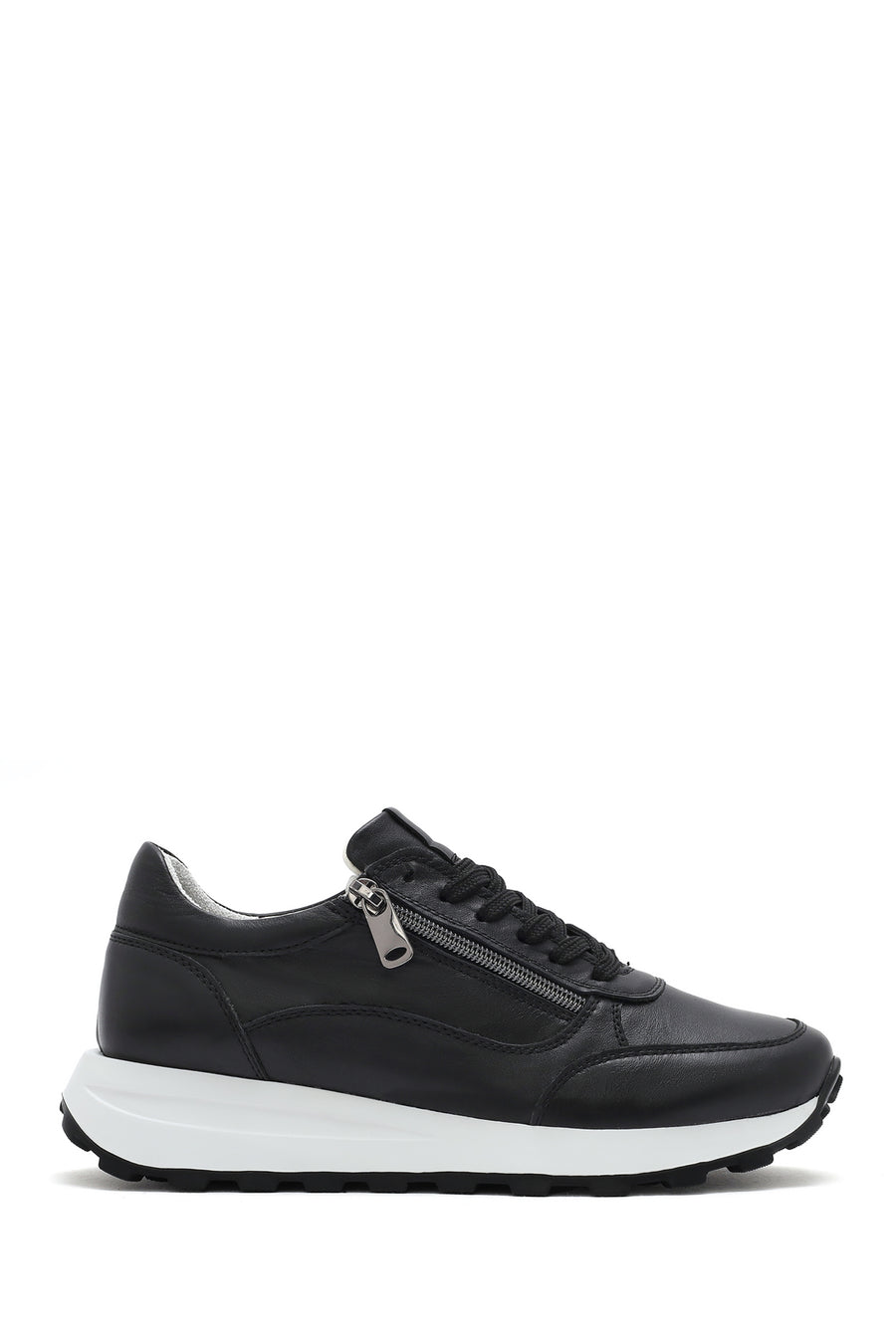 Women's Black Lace-Up Side Zip Leather Sneakers 26PFD370218 | Derimod