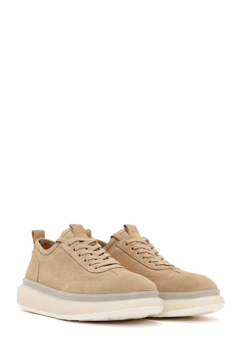 Erkek Bej Bağcıklı Kalın Tabanlı Süet Deri Sneaker