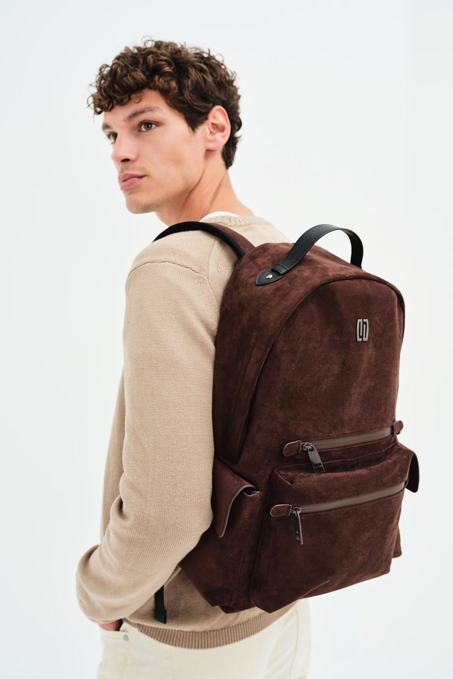Unisex Brown Suede Fabric Backpack
