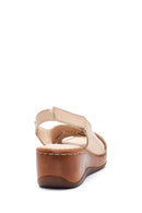 Women's Beige Leather Wedge Heel Comfort Sandals | Derimod