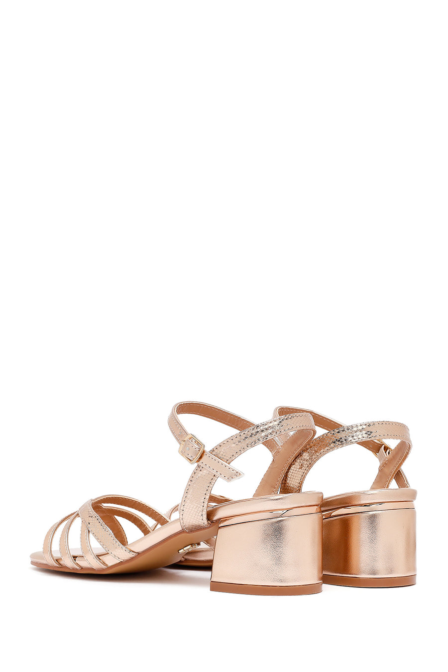 Women's Pink Metallic Chunky Heel Sandals with Ankle Buckle