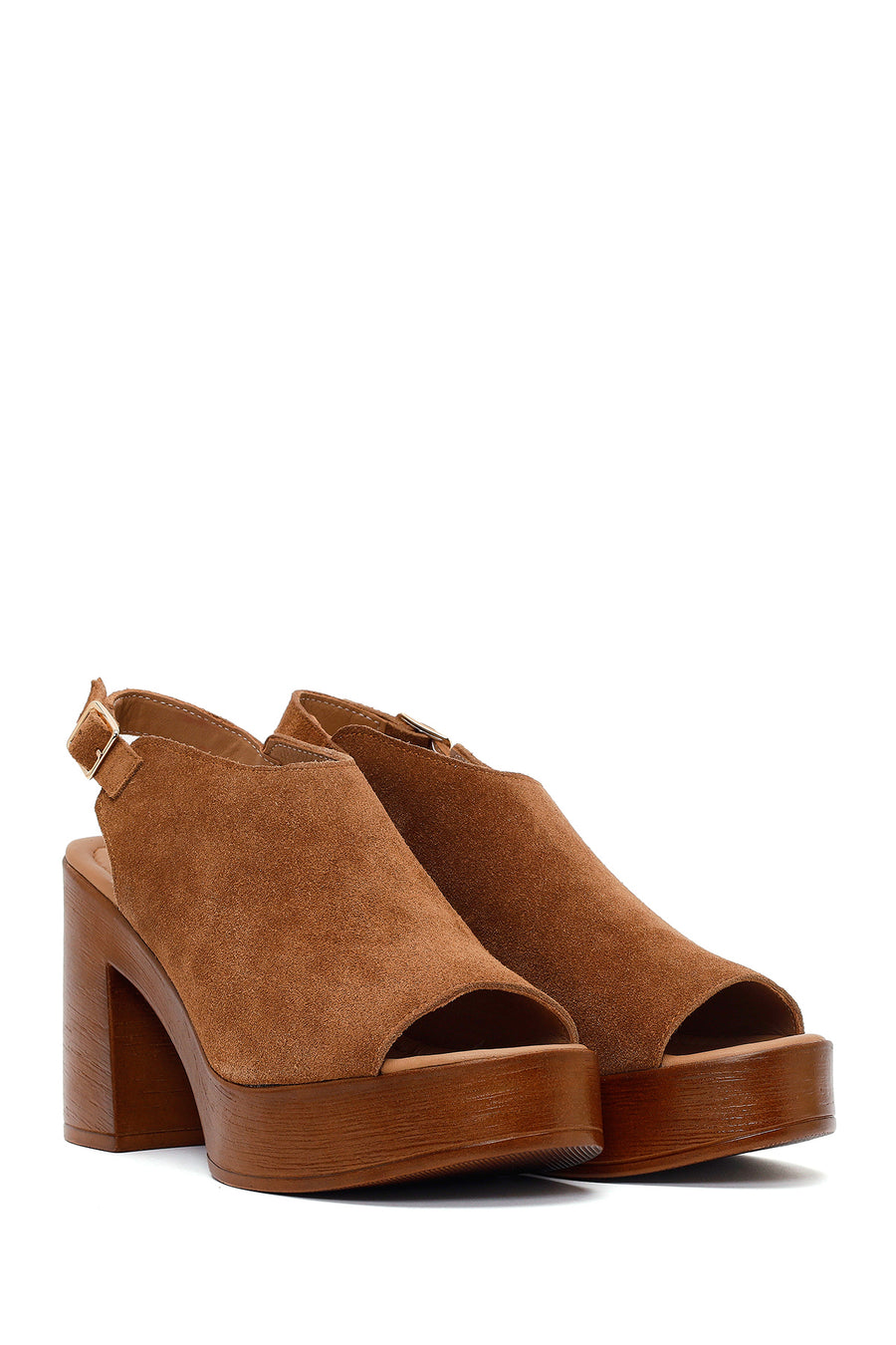 Women's Tan Ankle Buckle Platform High Heel Suede Leather Sandals