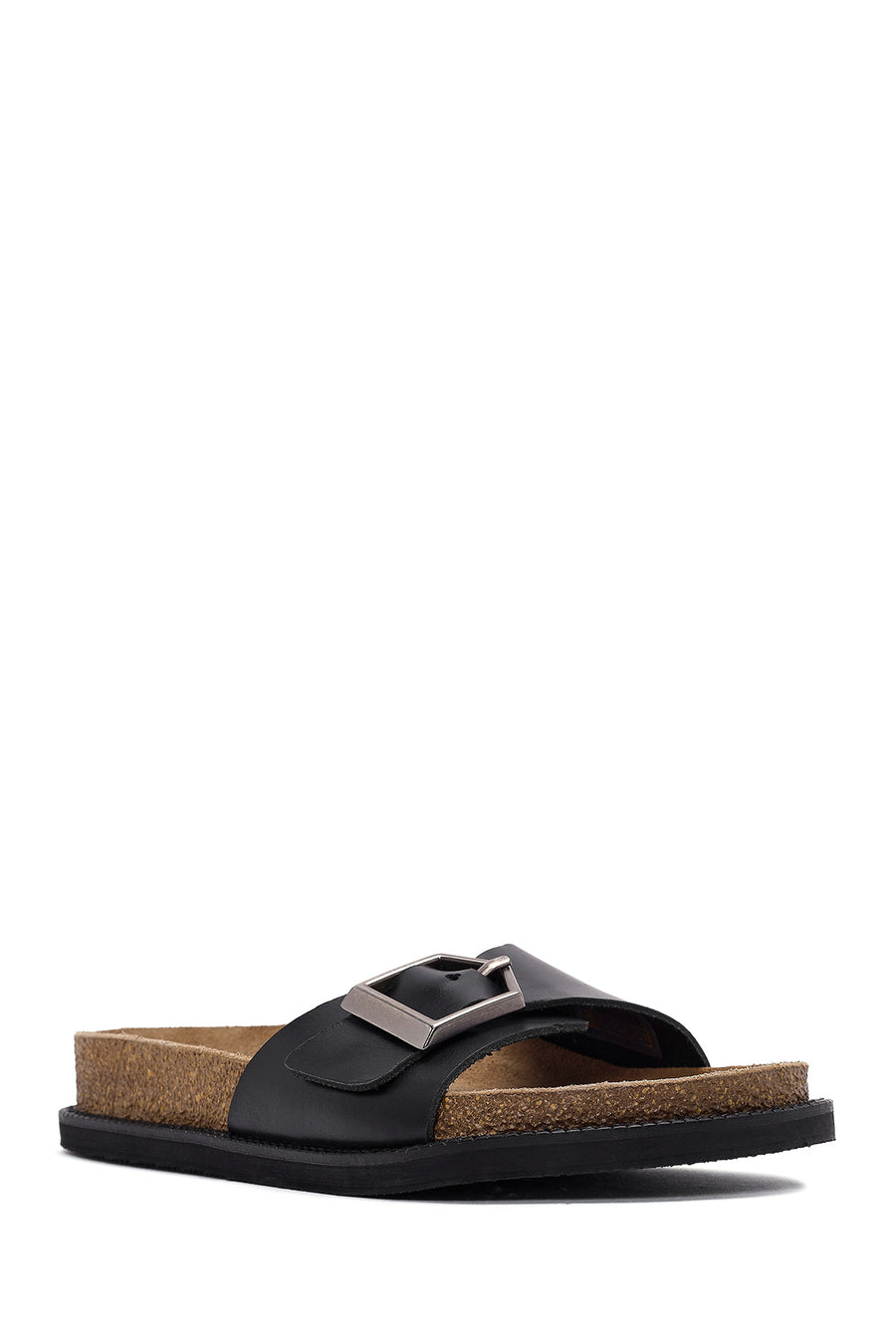 Women's Black Buckle Leather Slippers
