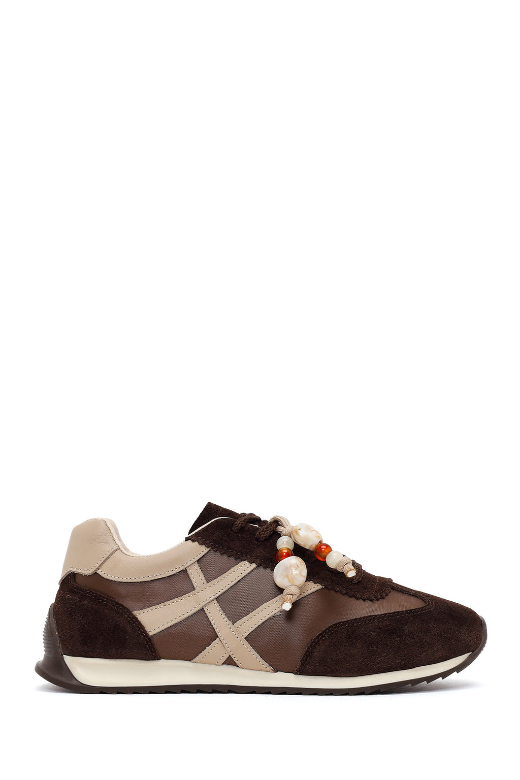 Kadın Kahverengi Bağcıklı Charmlı Deri Sneaker