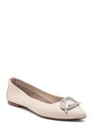 Women's Gray Leather Stone Ballerinas | Derimod