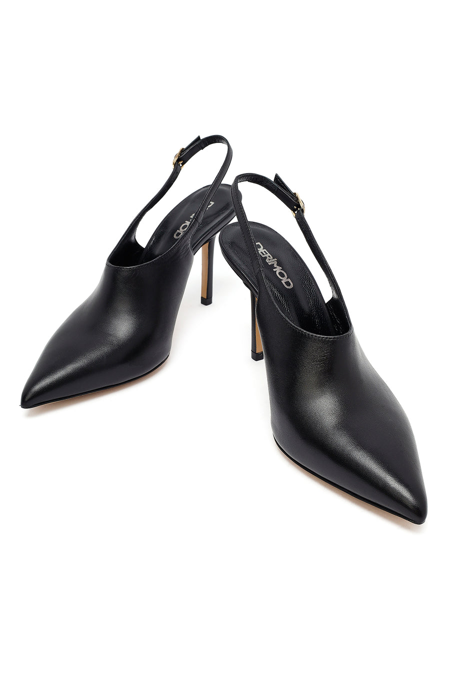 Woman Black Buckled Slingback High Thin Heel Leather Shoe
