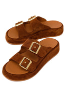 Woman Tan Double-Buckle Thick-Soled Suede Slipper | Derimod