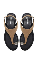 Woman Beige Buckled Toe-Post Suede Sandal | Derimod