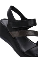 Women's Black Leather Wedge Heel Comfort Sandals | Derimod